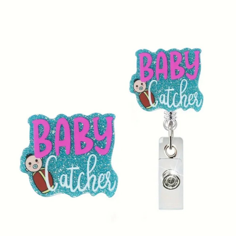 Glittery Blue and Pink Baby Catcher Badge Reel with Slip Clip